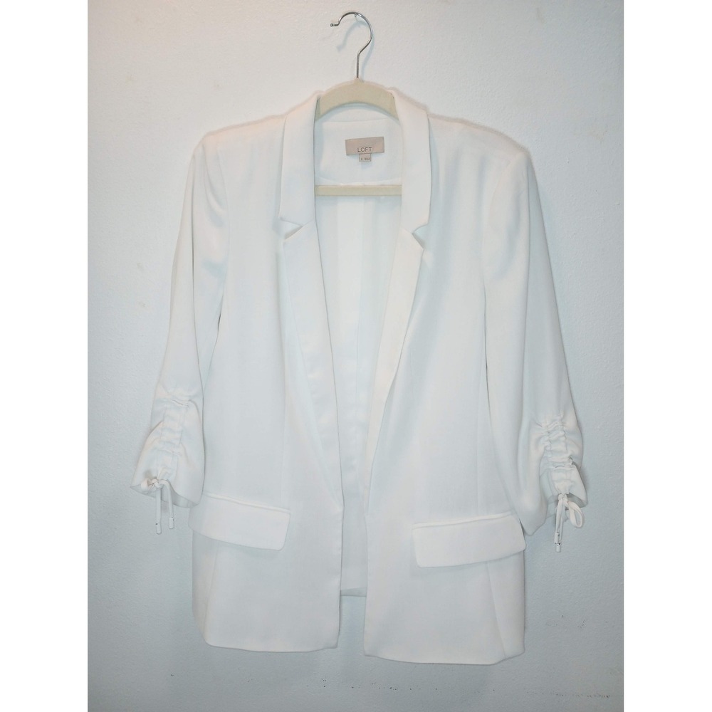 Loft White Ruched 3/4 Sleeve Open Front Blazer Jacket Women Size 6 Officewear